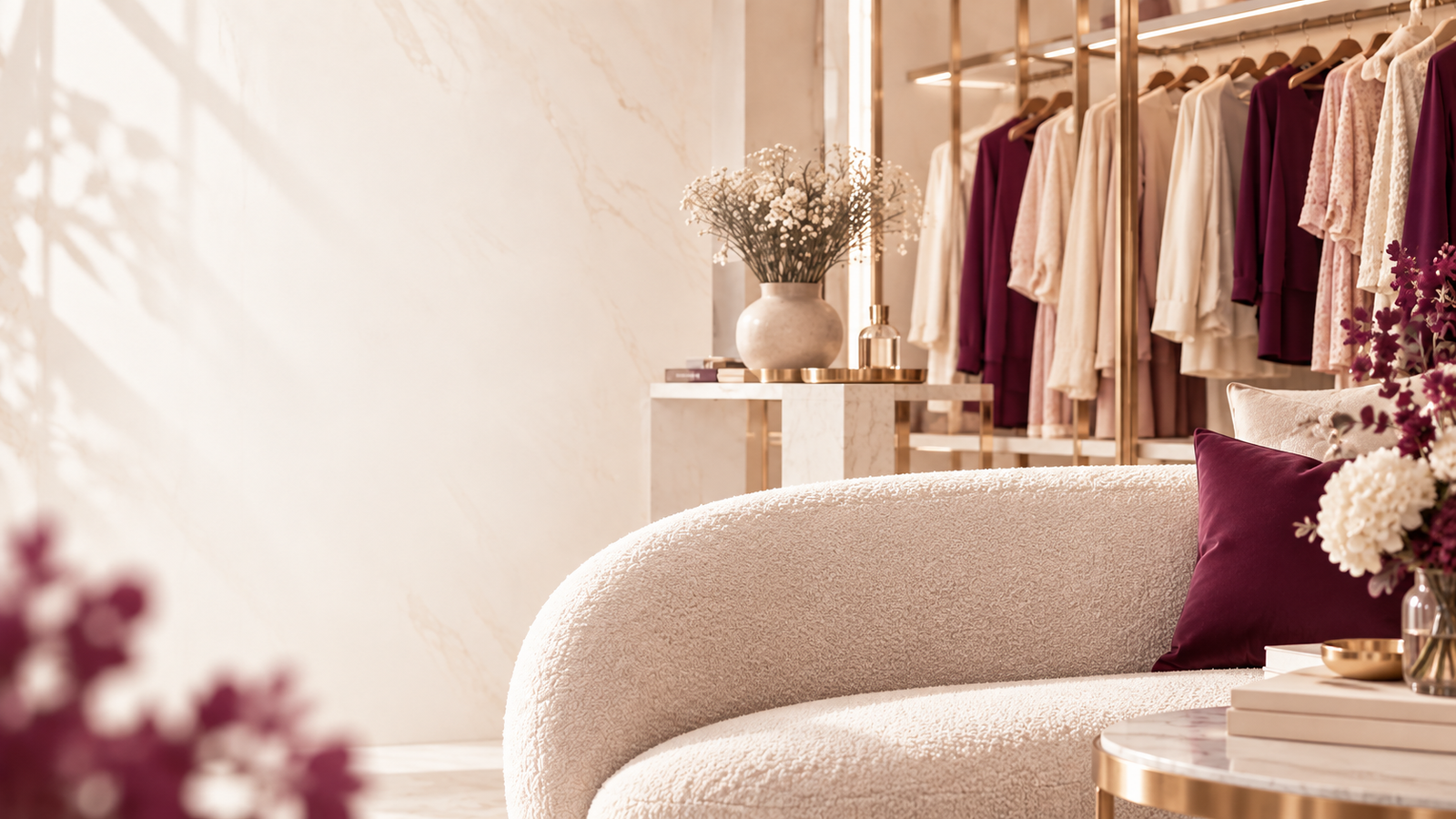 Ambiente elegante da Juci Moda & Estilo com araras de roupas em tons claros e vinho