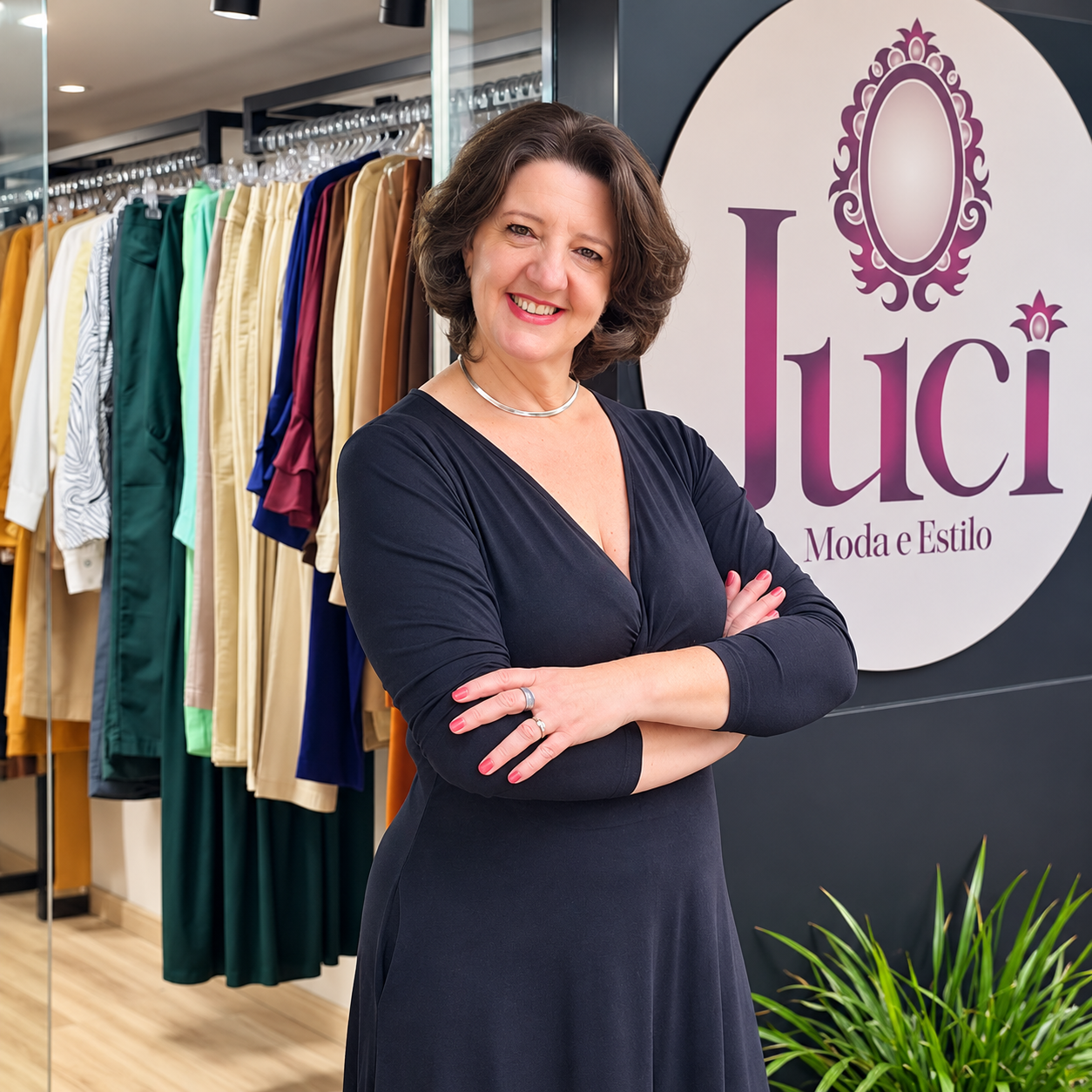 Juci, proprietária da Juci Moda & Estilo, em sua loja